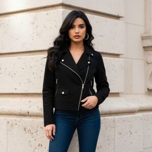 Old Navy  Canvas Moto Jacket Womens Size L Black Asymmetrical Diagonal Z…